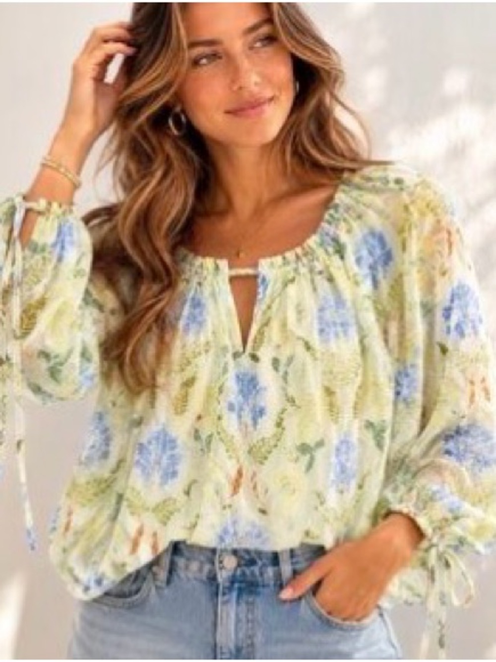LOFT Light Green Floral Blouse with Botanical Print Sheer Sleeves S-M